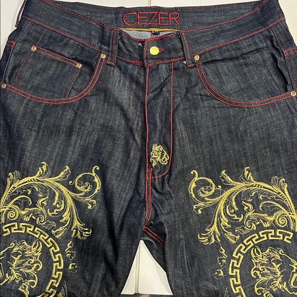 Cezer Jeans Mens 42 x 33 Studed Blue Denim Baggy Hip Hop Embroidered 90s - Picture 3 of 16